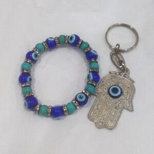 Blue Evil Eye Stretch Bracelet & Hamsa Keychain